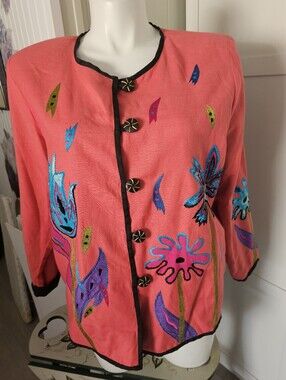 Indigo Moon Womens L 12-14 Embroidered Floral Jacket Coral Linen Flax Artsy Boho